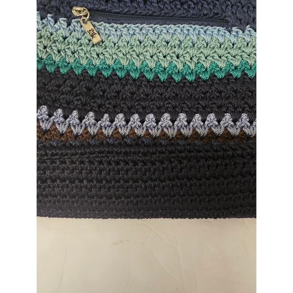 Vintage Y2K The Sak Crochet Crossbody Bag Navy Teal Striped Boho Shoulder Purse